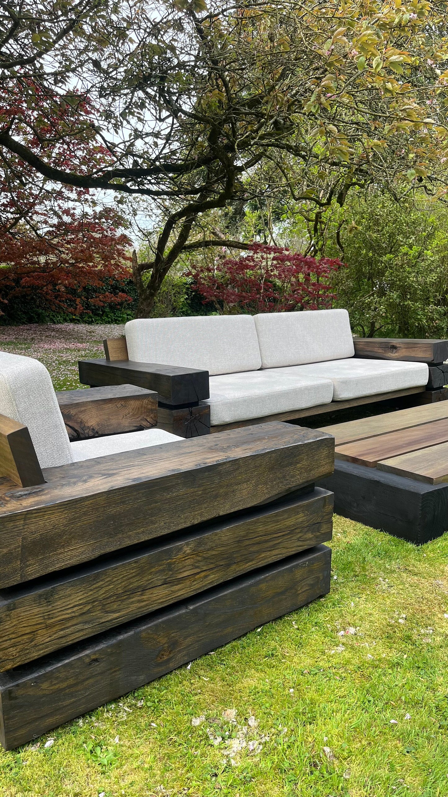 Ebonised Belgian Oak Sleepers & African Iroko Outdoor Sofa Set