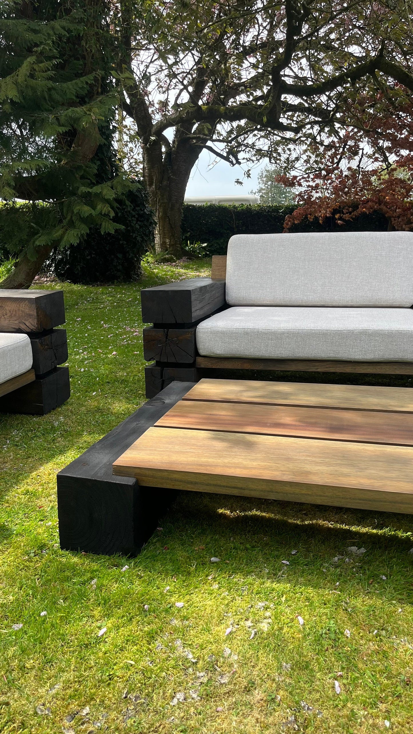 Ebonised Belgian Oak Sleepers & African Iroko Outdoor Sofa Set