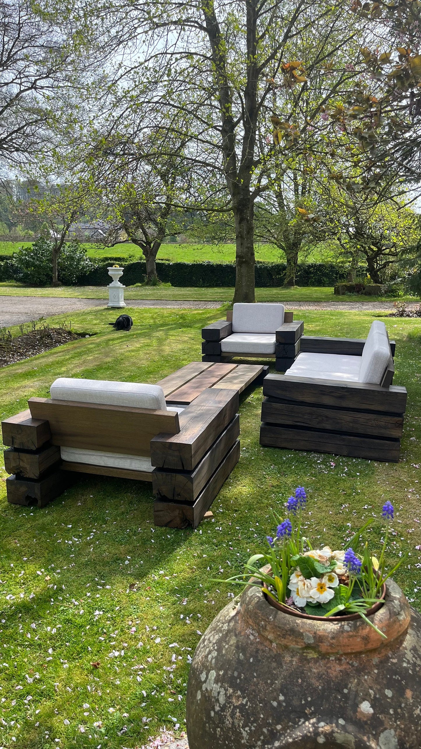 Ebonised Belgian Oak Sleepers & African Iroko Outdoor Sofa Set
