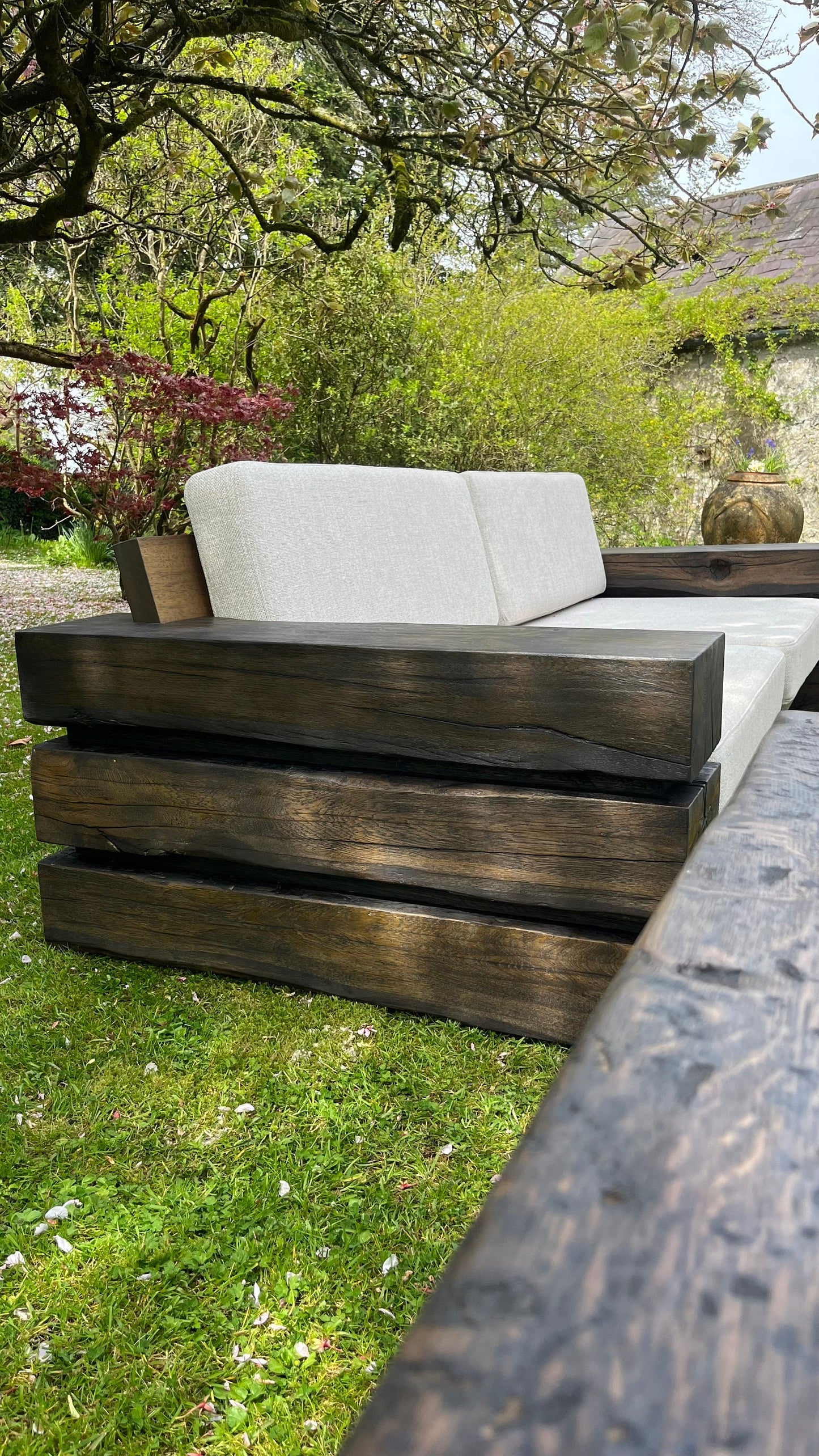 Ebonised Belgian Oak Sleepers & African Iroko Outdoor Sofa Set